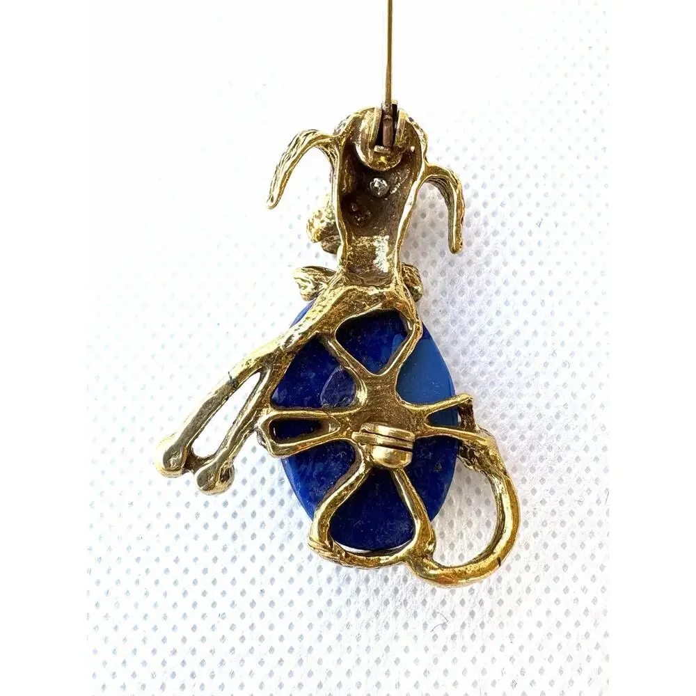 Vintage Poodle Dog Brooch Pin Gold Tone Blue Lapis Animal Red Eyes Figural